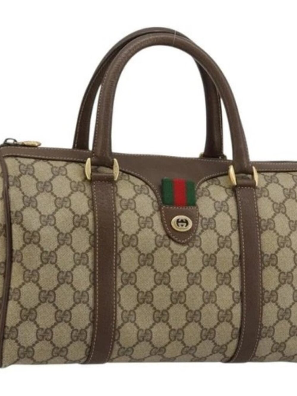 GUCCI GG Supreme Web Sherry Line Boston Bag PVC Beige Gold 39 02 007 Auth 181103